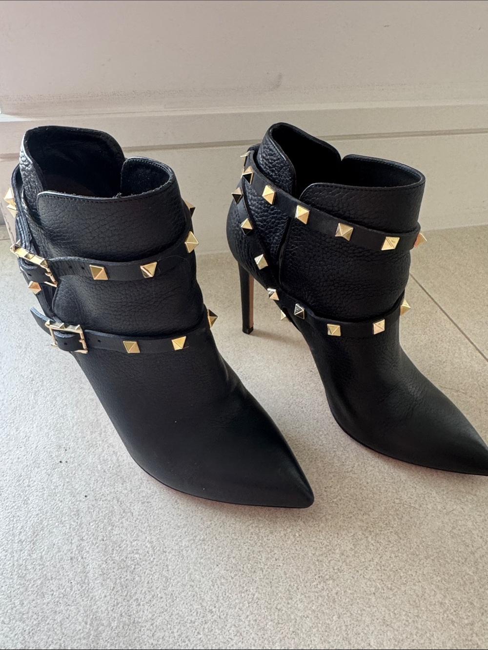 Valentino Black Leather Studded Ankle Boots with Gold Pyramid Studs